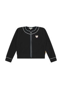 Schwarze Zip-Up-Trainingsjacke mit hellblauen Akzenten und Bärenapplikation auf der Brust. Verfügt über gerippte Bündchen und Kragen, weiche Textur.