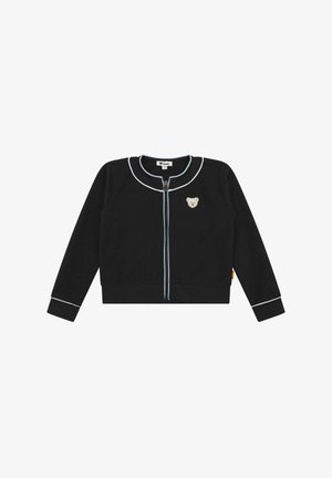 Sudadera negra con cremallera y acentos en azul claro, con un aplique de oso en el pecho. Presenta puños y collar de canalé, de textura suave.