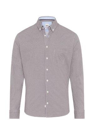 Camicia a quadri rossa e bianca con bottoni, maniche lunghe, realizzata in cotone, con tasca e colletto con interno in tessuto a contrasto.