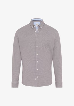 Camicia a quadri rossa e bianca con bottoni, maniche lunghe, realizzata in cotone, con tasca e colletto con interno in tessuto a contrasto.