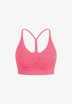 Sujetador deportivo rosa sin costuras con fruncido en el centro delantero y tirantes dobles delgados que forman una forma de Y en la espalda.
