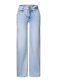 Light blue wide-leg jeans made of denim with a faded finish, featuring two front pockets and a double-button closure at the waist.