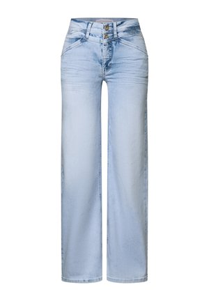 Light blue wide-leg jeans made of denim with a faded finish, featuring two front pockets and a double-button closure at the waist.