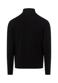 Schwarzer langärmeliger Rollkragenpullover mit geripptem Kragen, Bündchen und Saum, von hinten auf weißem Hintergrund gezeigt.