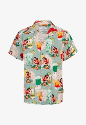 Kortærmet skjorte med knapper med en grøn baggrund med retro pin-up kvinder og farverige tropiske cocktails mønster.