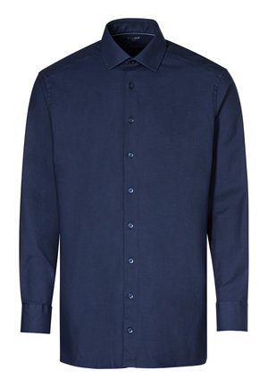 Herren-Langarmhemd in Slim Fit, marineblau, mit durchgehender Knopfleiste und spitzem Kragen.