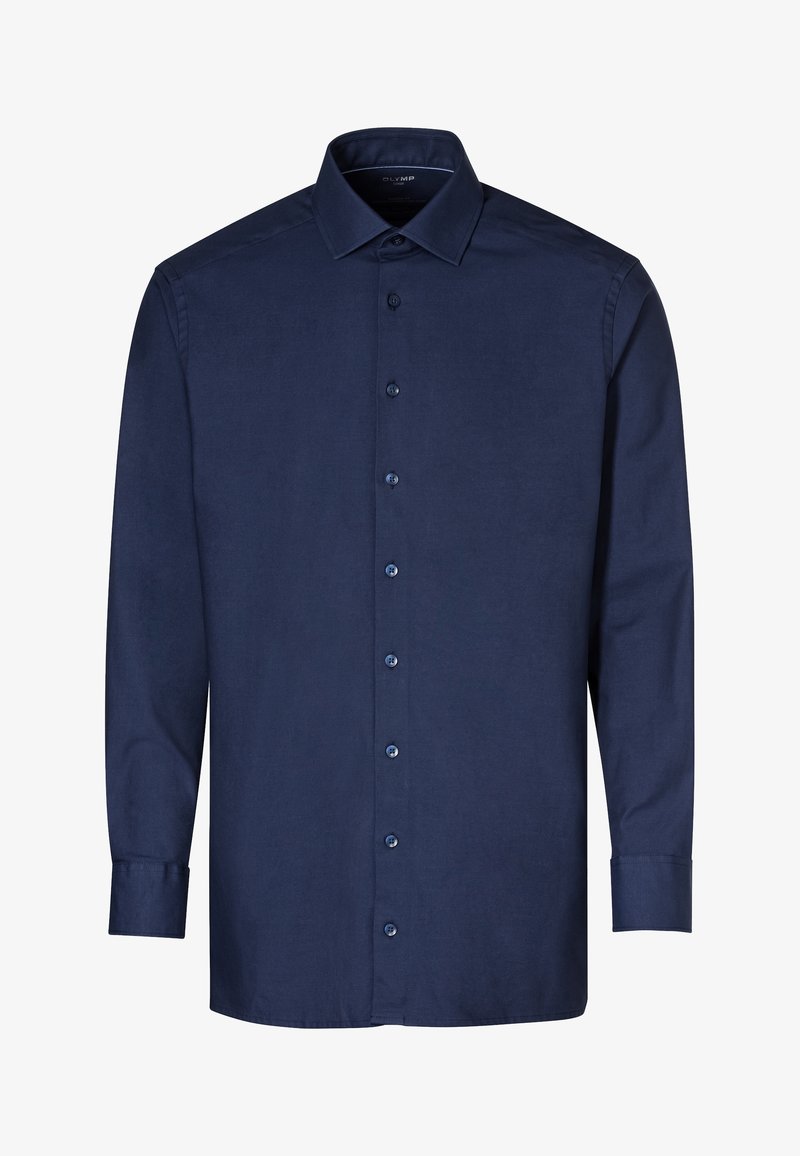 Chemise habillée pour homme, bleu marine, coupe slim, manches longues, avec boutons sur le devant et col pointu.