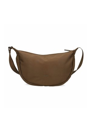 Brown crescent-shaped crossbody bag with adjustable strap and zipper closure, featuring small embossed brand logo on front center.