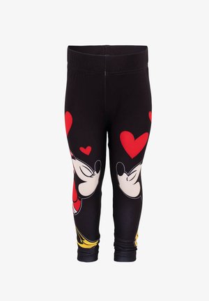 Schwarze Leggings mit großen grafischen Drucken von Mickey Mouse und roten Herzen. Hergestellt aus dehnbarem, glattem Stoff mit einem elastischen Bund.