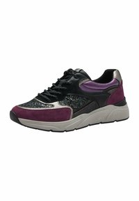 Sneaker lace-up in pelle nera, con accenti viola e dettagli in tessuto scintillante. Presenta una suola grigia chunky e sezioni in morbido camoscio.