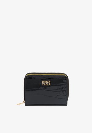 Black patent leather wallet with a crocodile texture, zip closure, and gold-tone logo, featuring a contrasting yellow interior.