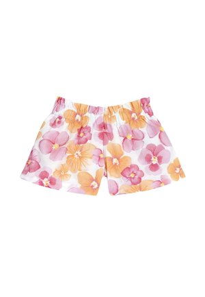 Short blanc avec taille élastique présentant un motif floral rose, orange et jaune, posé à plat sur un fond blanc.