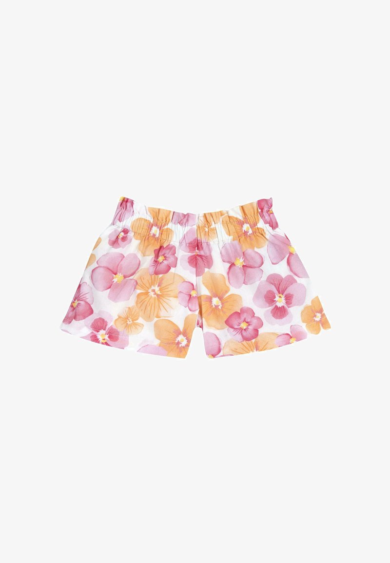 Short blanc avec taille élastique présentant un motif floral rose, orange et jaune, posé à plat sur un fond blanc.