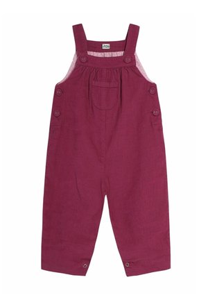 Overol de pana burdeos con tirantes en los hombros, bolsillo frontal y detalles de botones en los lados; presenta una tela texturizada y longitud recortada.