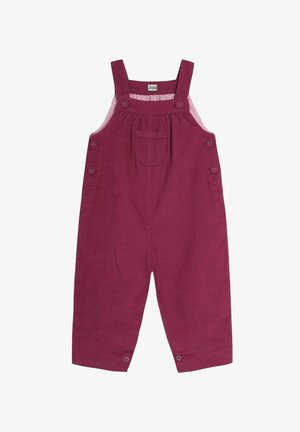 Salopette en velours côtelé bordeaux avec bretelles, poche avant et boutons décoratifs sur les côtés ; tissu texturé et longueur raccourcie.
