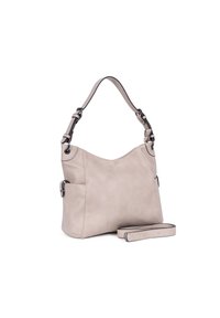 Borsa a mano in pelle beige con un design curvo, manici doppi e una tracolla regolabile. Presenta due tasche laterali e dettagli di cucitura sottili.