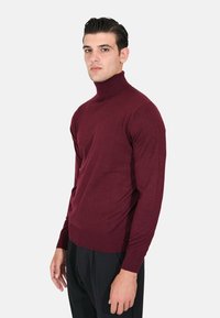 Maglione dolcevita bordeaux in materiale a coste; design aderente con maniche lunghe e colletto arrotolato, abbinato a pantaloni neri.