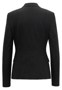 Blazer noir ajusté pour femme vu de dos avec manches longues, col et détails discrets de coutures.