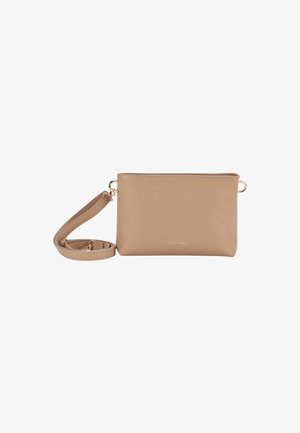 Beige Umhängetasche aus strukturiertem synthetischem Material mit Reißverschluss, verstellbarem Schultergurt und dezentem Branding auf der Vorderseite.