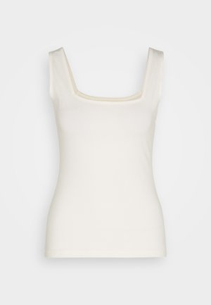 Cream-colored tank top with a square neckline, narrow straps, and a fitted silhouette. Made of soft, stretchy fabric. No patterns or accents.