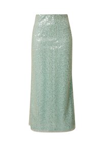 Een pailletten, knielange pencil skirt in lichtblauw, met een gladde textuur en verspreide reflecterende details door de stof.