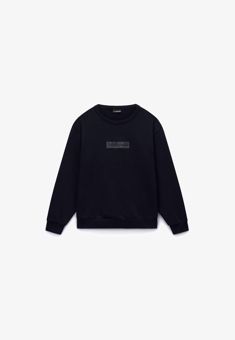 Sweat-shirt noir à manches longues avec col rond, poignets et ourlet côtelés, arborant un discret patch logo rectangulaire sur la poitrine.