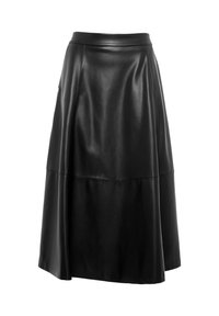 Jupe en cuir noir avec un design évasé, présentant une texture lisse et des détails de couture le long de l'ourlet. Coupe au niveau des genoux.