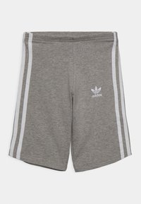 Pantaloni sportivi grigi realizzati in misto cotone, con strisce laterali bianche e il logo Adidas ricamato di colore bianco sul lato sinistro in basso.