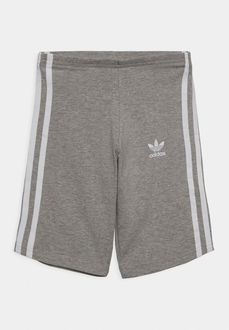 Pantaloni sportivi grigi realizzati in misto cotone, con strisce laterali bianche e il logo Adidas ricamato di colore bianco sul lato sinistro in basso.