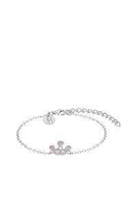 Pulsera de plata con un diseño de corona, que presenta tres gemas rosas y una pequeña etiqueta circular. La cadena tiene un cierre de langosta y longitud ajustable.