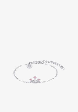 Srebrna bransoletka z wzorem korony, zdobiona trzema różowymi kamieniami i małym okrągłym zawieszeniem. Łańcuszek ma zapięcie typu lobster oraz regulowaną długość.