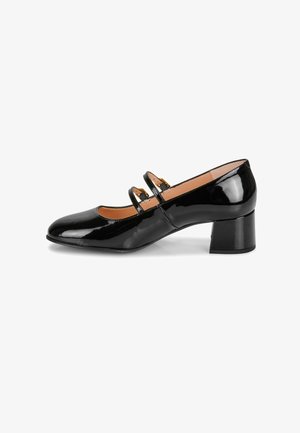 Zapato Mary Jane de charol negro con dos correas, punta cuadrada y tacón ancho. Textura suave con un acabado brillante.