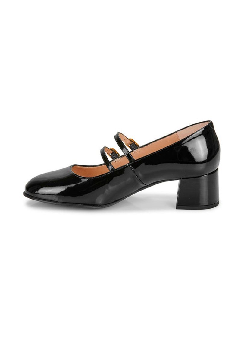 Zapato Mary Jane de charol negro con dos correas, punta cuadrada y tacón ancho. Textura suave con un acabado brillante.