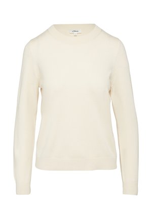 Cremfarbener Strickpullover mit langen Ärmeln, rundem Halsausschnitt, gerippten Bündchen und geripptem Saum. Hergestellt aus weichem, leichtem Stoff.