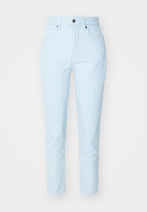 Light blue denim jeans with a high waist, straight leg cut, front pockets, and a single button closure. Smooth texture with minimal detailing.