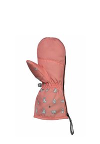 Pink mittens made of soft fabric feature a bunny pattern and an adjustable cuff with a zip closure for a secure fit.