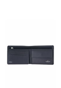 Portefeuille pliable en cuir noir avec poche zippée, trois emplacements pour cartes, poche à monnaie et logo "Golden Head Germany" sur fond blanc.