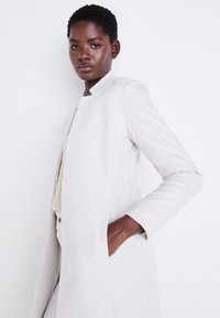 Cappotto grigio chiaro con un design elegante e moderno, caratterizzato da maniche lunghe, colletto alto e tasche laterali. Texture liscia con accenti minimi.