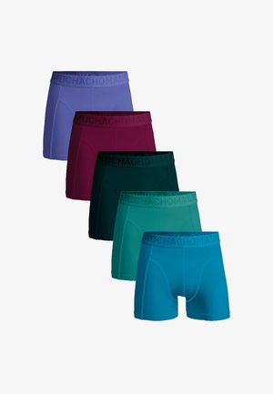 Pet različitih muških bokserica u raznobojnim nijansama: svijetlo ljubičasta, burgundac, tamnozelena, tirkizna i plava. Svake imaju crni brendirani pojas.