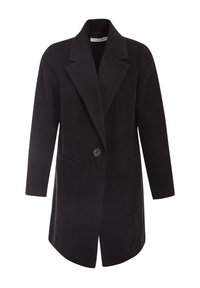 Cappotto lungo nero a bottone singolo con ampi revers e due tasche laterali, progettato per una vestibilità classica e su misura.