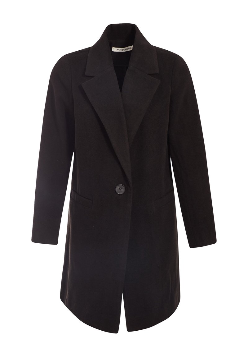 Cappotto lungo nero a bottone singolo con ampi revers e due tasche laterali, progettato per una vestibilità classica e su misura.