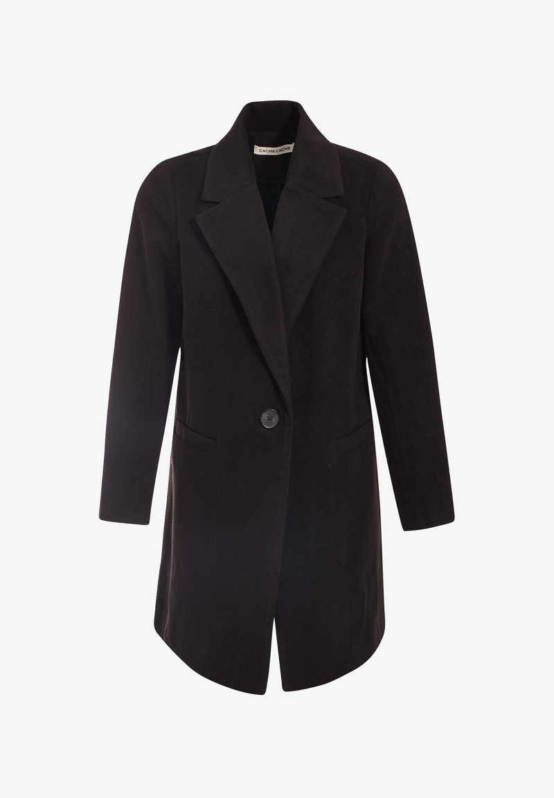 Zwarte lange jas met één knoop, brede revers en twee zijzakken, ontworpen voor een tailored, klassieke pasvorm.