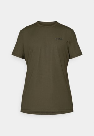 Olivgrünes T-Shirt mit kurzen Ärmeln aus atmungsaktivem Stoff, mit Rundhalsausschnitt und kleinem schwarzen "BORG"-Logo auf der Brust.