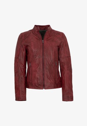 Rote Lederjacke mit einem Reißverschluss, hohem Kragen und zwei seitlichen Taschen. Mit strukturierten Details und körpernahen Ärmeln.