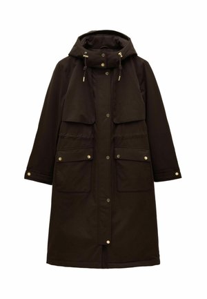 Brauner wasserdichter Mantel mit Kapuze, zwei Fronttaschen, Druckknopfverschluss und einer lässigen Passform mit verstellbaren Kordeln.