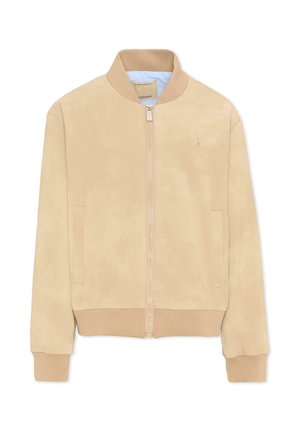 Giacca bomber in camoscio beige con collo, polsini e orlo a coste, zip frontale e tasche laterali, con piccolo logo ricamato sul petto.