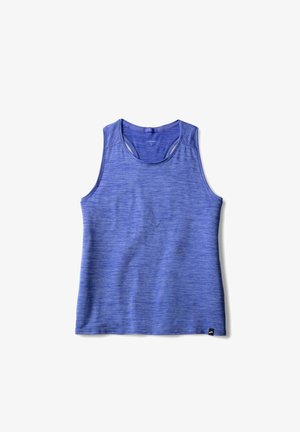 Débardeur sportif bleu chiné sans manches avec dos nageur et petite étiquette de marque noire près de l'ourlet inférieur.