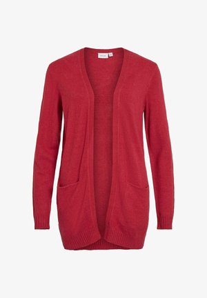 Red cardigan with a relaxed fit, open front, long sleeves, and two front pockets. Made from a soft, knit material with ribbed accents.