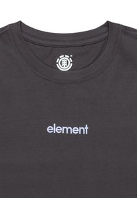 Dunkelgrau T-Shirt mit kurzen Ärmeln und Rundhalsausschnitt. Auf der Brust befindet sich ein weißes "element"-Logo. Weicher Stoff, lässiges Design.