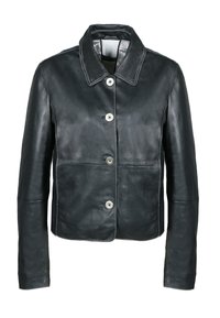 Černá kožená bunda s kratším střihem, má špičatý límec, stříbrné knoflíky a kontrastní detaily šití. Hladká textura.